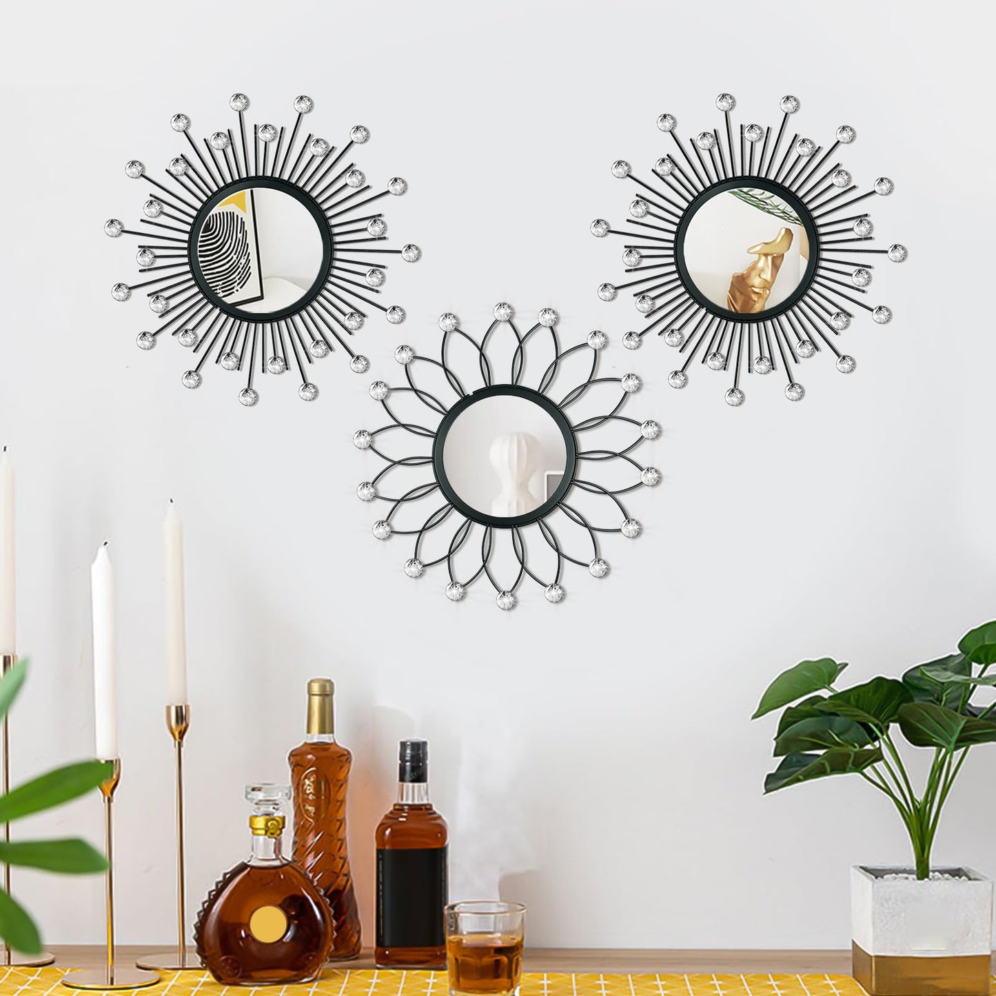 3 Pack Metal Mirrors for Wall Sunburst Wall Mirrors Home Décor Decorative Hanging Wall Art for Living Room Bedroom Entryway (Black Crystal, Flower+Sunburst)