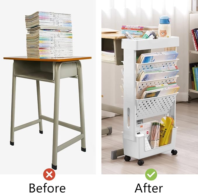 White Rolling Office Paper Organizer, Mobile Book Cart Document Folder File Storage with Pen Holder, Slim Rolling Storage Cart Movable Bookshelf for Office, Dorm, Classroom, Nursery