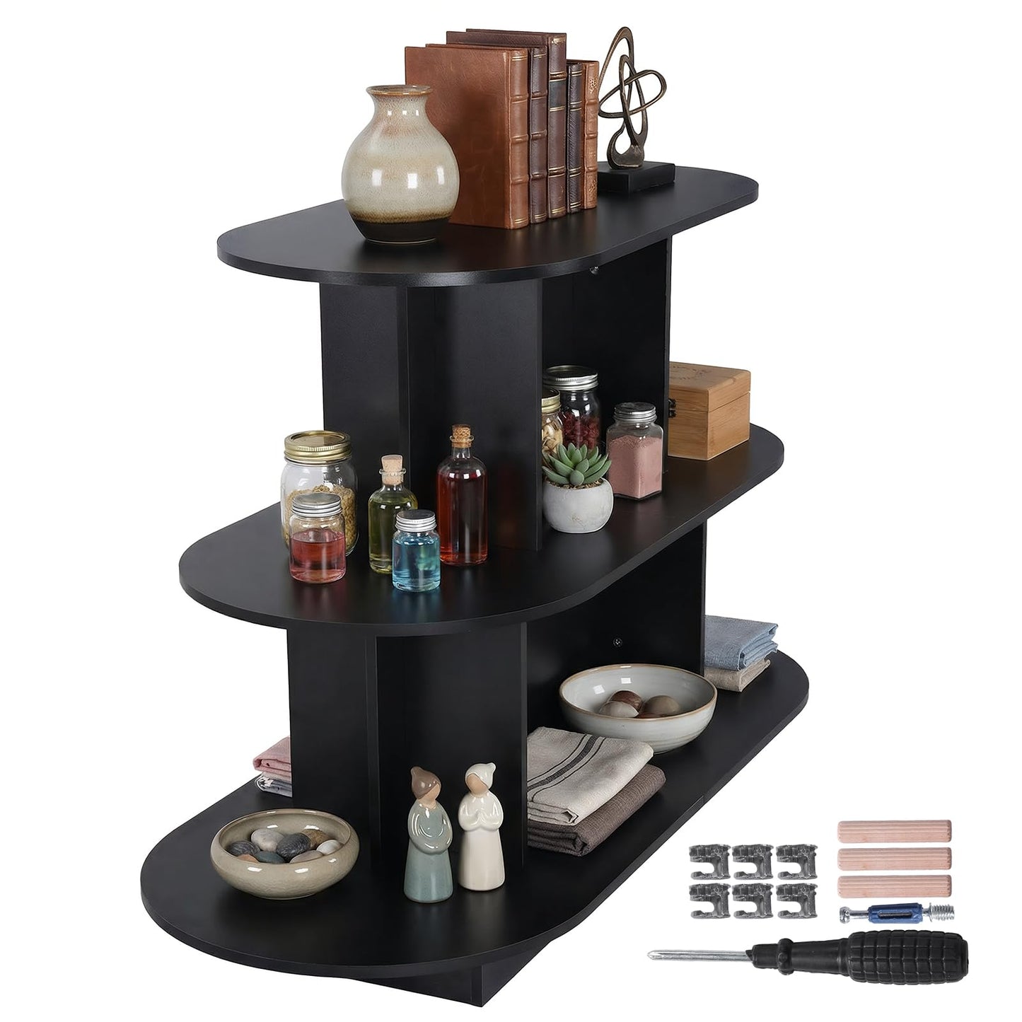 FASDRESS 3 Tier Wooden Oval Display Table Modern Standing Display Riser Shelf Retail Table for Stores Vendor Events 55in W x 23.6in D x 35in H (Black)