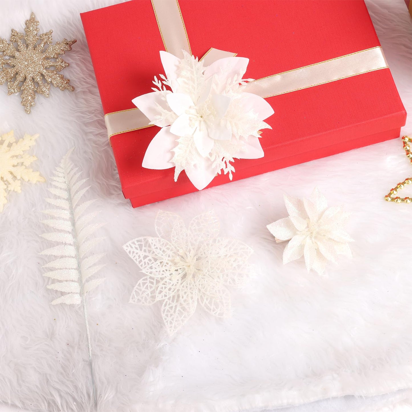 30 Pcs 3 Styles Poinsettias Artificial Christmas Flowers Decorations Set, 18 Poinsettia Flowers Artificial with 12 Christmas Tree Picks for Xmas Decor Holiday Party Decorations（White）