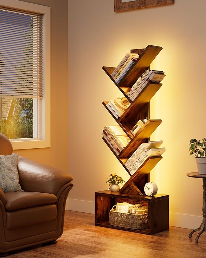 Evermagin 6 Tier Tree Bookshelf with Lights, LED Book Tree Bookcase with Storage Organizer, Small Corner Bookshelf Floor Standing Book Shelf for Living Room, Bedroom & Home Office, Rustic Brown