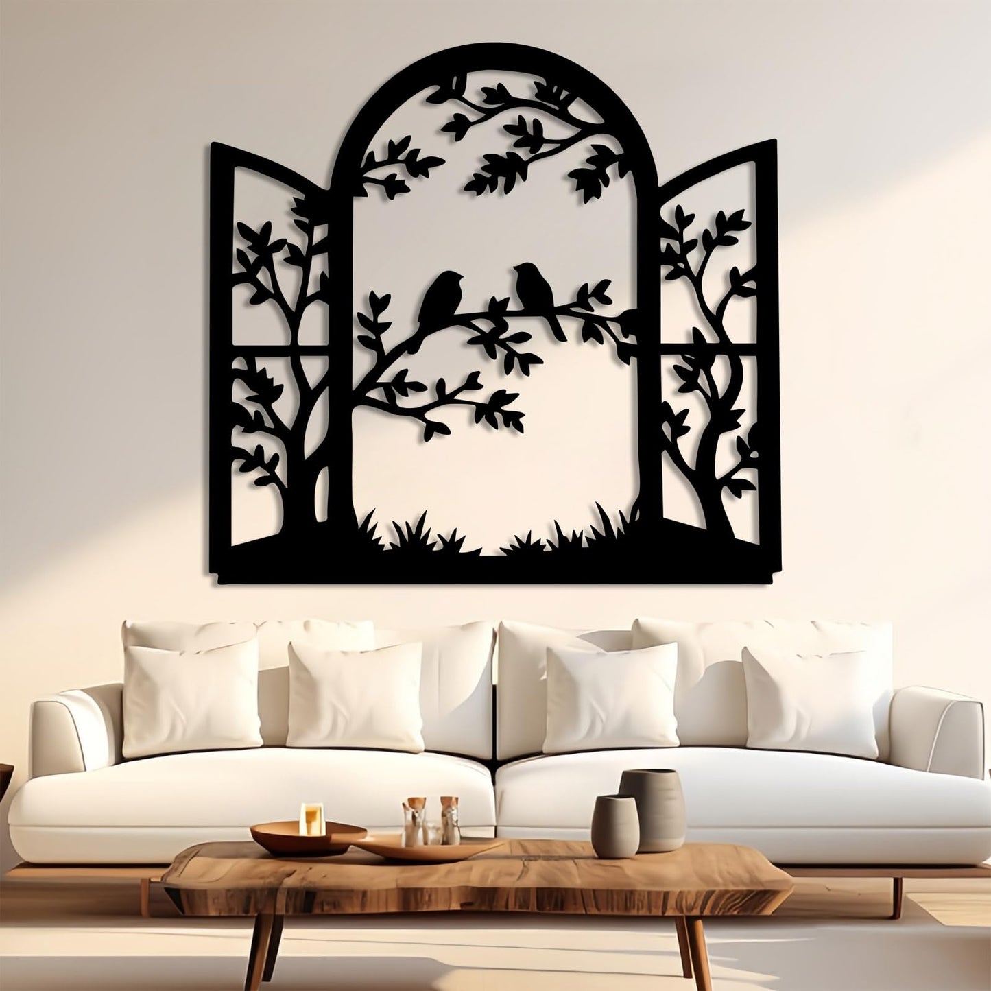 Bird Window Metal Wall Art, Bird on Branch Metal Wall Decor, Window Frame Wall Art, Birds Branch Silhouette Wall Hanging, Nature Decorations for Living Room, Hallway (Gold, 17"x19"/44x47cm)