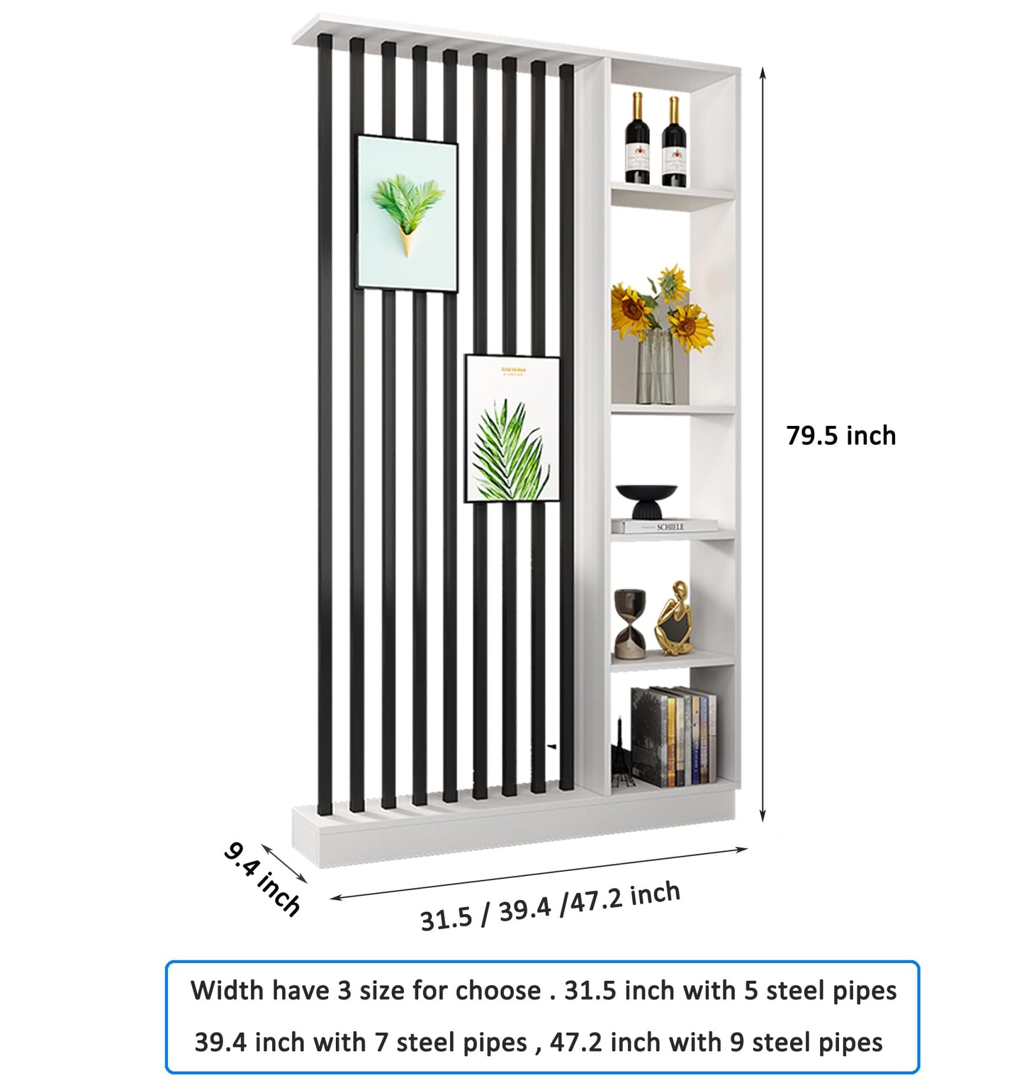 Wall Room Divider with Storage Shelves, Modern Freestanding Room Divider Screen, Open Room Wood Partition for Home & Office Decor (Grey + Black, 31.5" L x 9.5" W x 79.5" H)