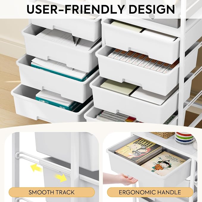Rolling cart with 8 drawers,Storage drawer cart with wooden tabletop,Lockable wheels organizer for homeschool, arts & crafts, classroom, office & creative spaces (White)
