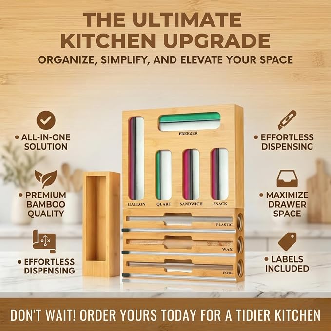 9 in 1 Storage Bag Organizer for Kitchen Drawer, Foil and Plastic Wrap with Cutter, Organizers Compatible Gallon, Quart, Sandwich Snack