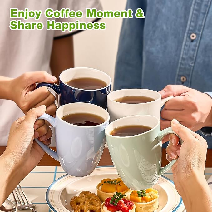 Porcelain Coffee Mugs Set of 6, 13 Ounce Coffee Cups with Handle, Ceramic Tea Mugs for Latte, Hot Tea, Cappuccino, Mocha, Cocoa, Blue Assorted Colors Mug Gift Set, Dishwasher and Microwave Safe