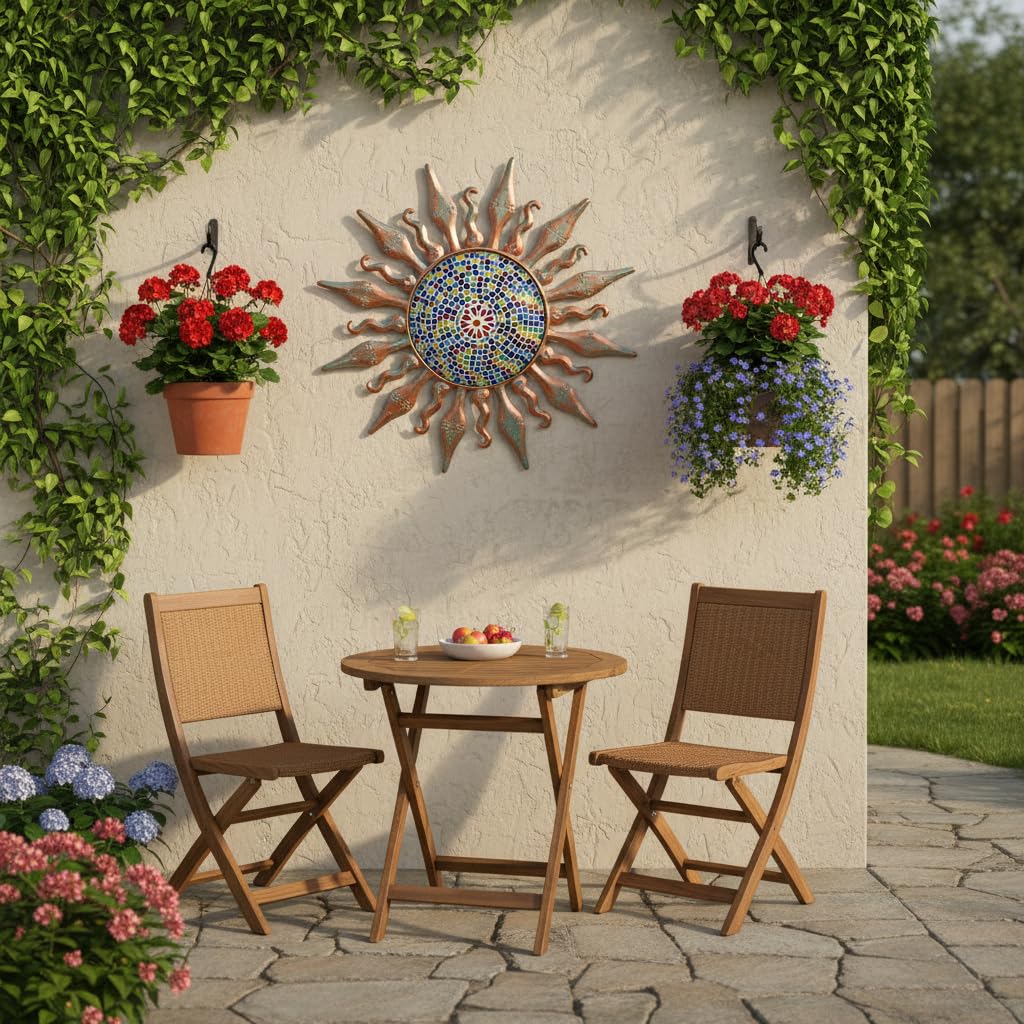 HOBYLUBY Mosaic Outdoor Wall Decor Rust Proof, Sun Face Metal Wall Art Decor Hanging for Indoor Outdoor, Patio, Fence, Garden