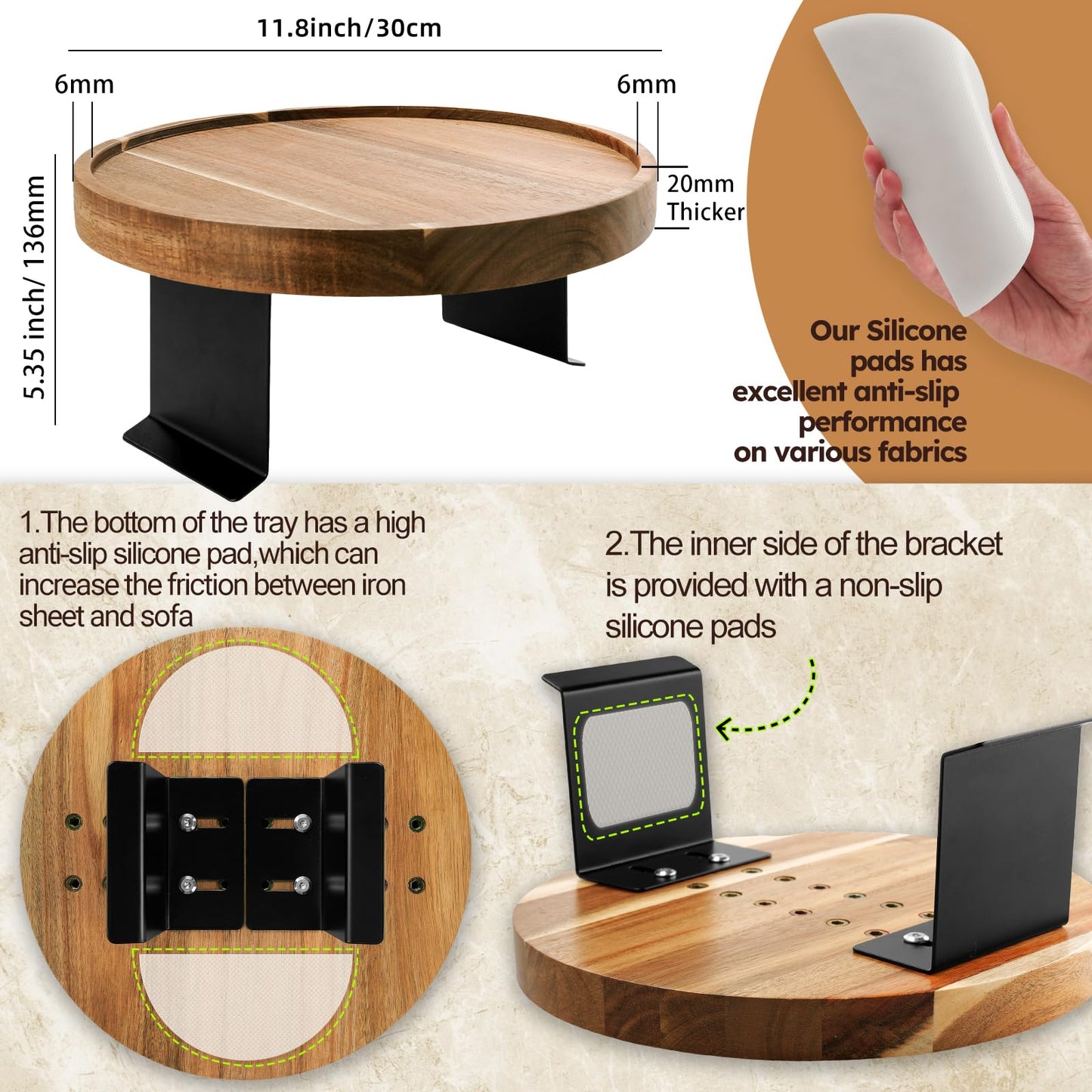 Semjar Acacia Wood Couch Arm Tray Table,Anti-Slip Adjustable Round Sofa Arm Tray,Wooden Armrest Caddy Table for Couches,Arm Chair Companion for Drinks Cellphone TV Remote Snacks