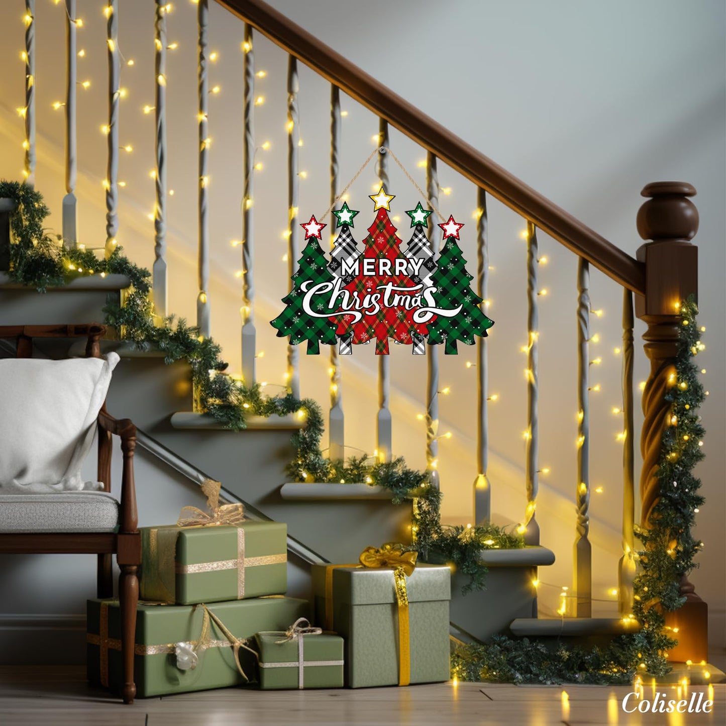 Wooden Merry Christmas Door Sign,Christmas Tree Door Wreath for Front Sign Wall Signs,Decoration Farmhouse Hanging Plaque,Hanging for Home Wall Decor Party(Red)