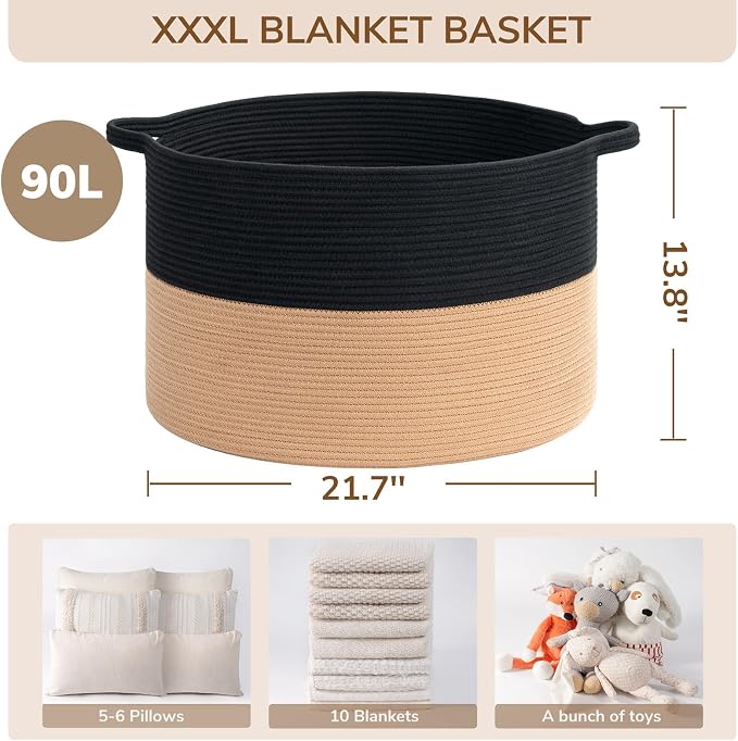 INDRESSME XXXLarge Cotton Rope Basket Woven Baby Laundry Basket Blanket Baskets Toy Baskets with Handle Comforter Cushions Storage Bin Thread Laundry Hamper - 21.7" x 21.7" x 13.8"