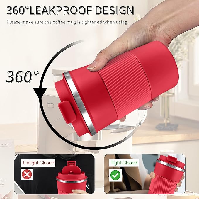 YINBAOGE Insulated Travel Coffee Mug, Spill & Leak Proof, Portable To Go Camping Stainless Steel Coffee Tumbler, Reusable Thermal Coffee Cup with Lid for Hot & Cold Drinks (Red, 12 OZ)