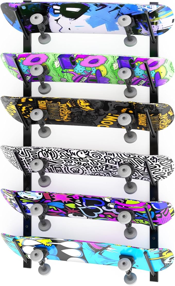 Skateboard Wall Mount, 6-Tier Skate Board Rack Wall Mount, Snowboard Storage Longboard Deck Organizer, Skateboard Wall Display Hanger Holder