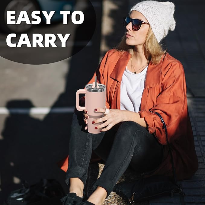 30 oz Tumbler with Handle,Tumbler with Lid and Straw,Double Wall Insulated Cup Stainless Steel Travel Mug(Cold for 34 Hours),Water Bottle for Iced Tea,Coffee,Cold Beverages(Pink)