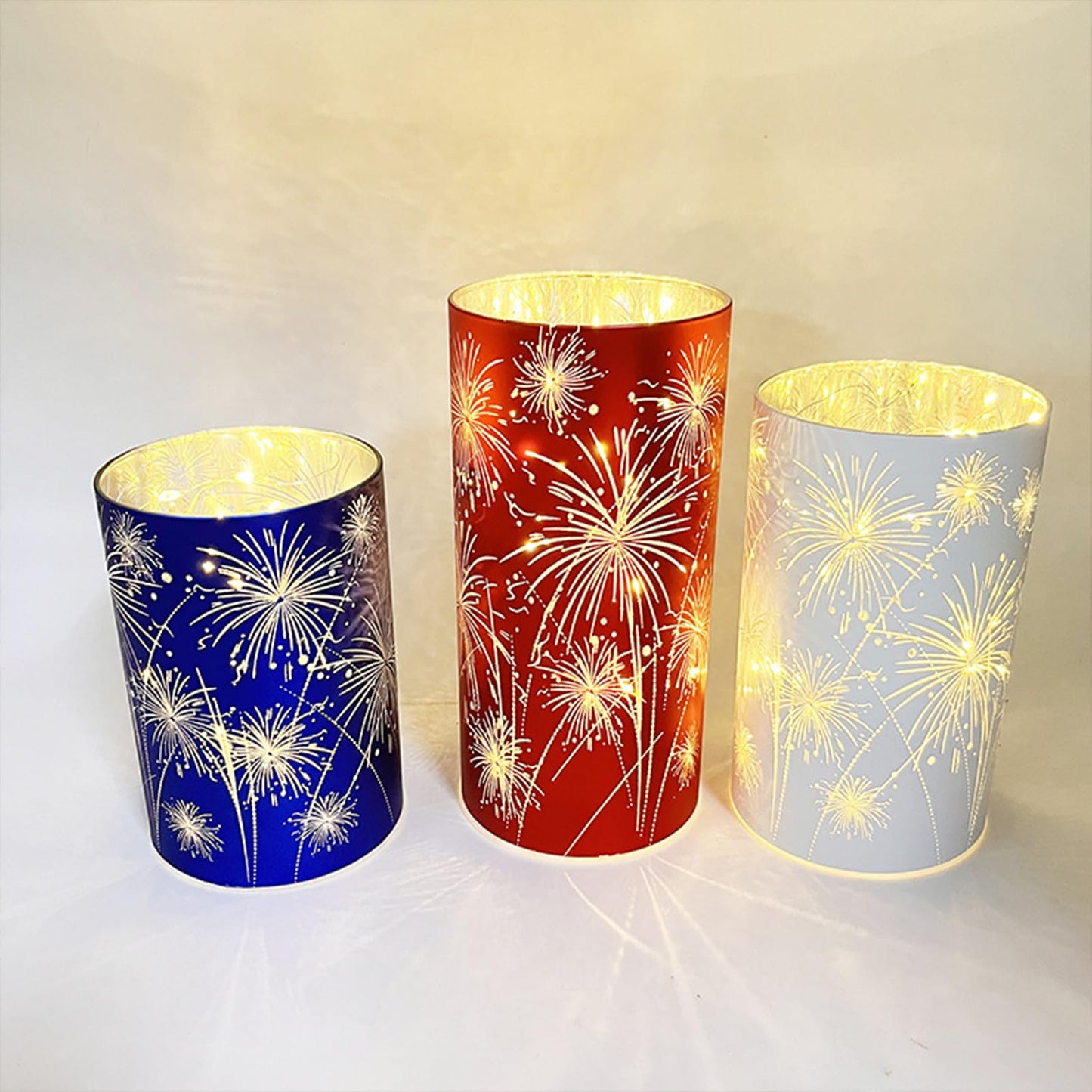 Set of 3 Celebration Hurricanes, Celebration Firework Lanterns - Premium Patriotic Red White Blue Trio, Etched Firework Starburst Lights, Twinkling Table Centerpieces for Wedding & Holiday Décor (A)