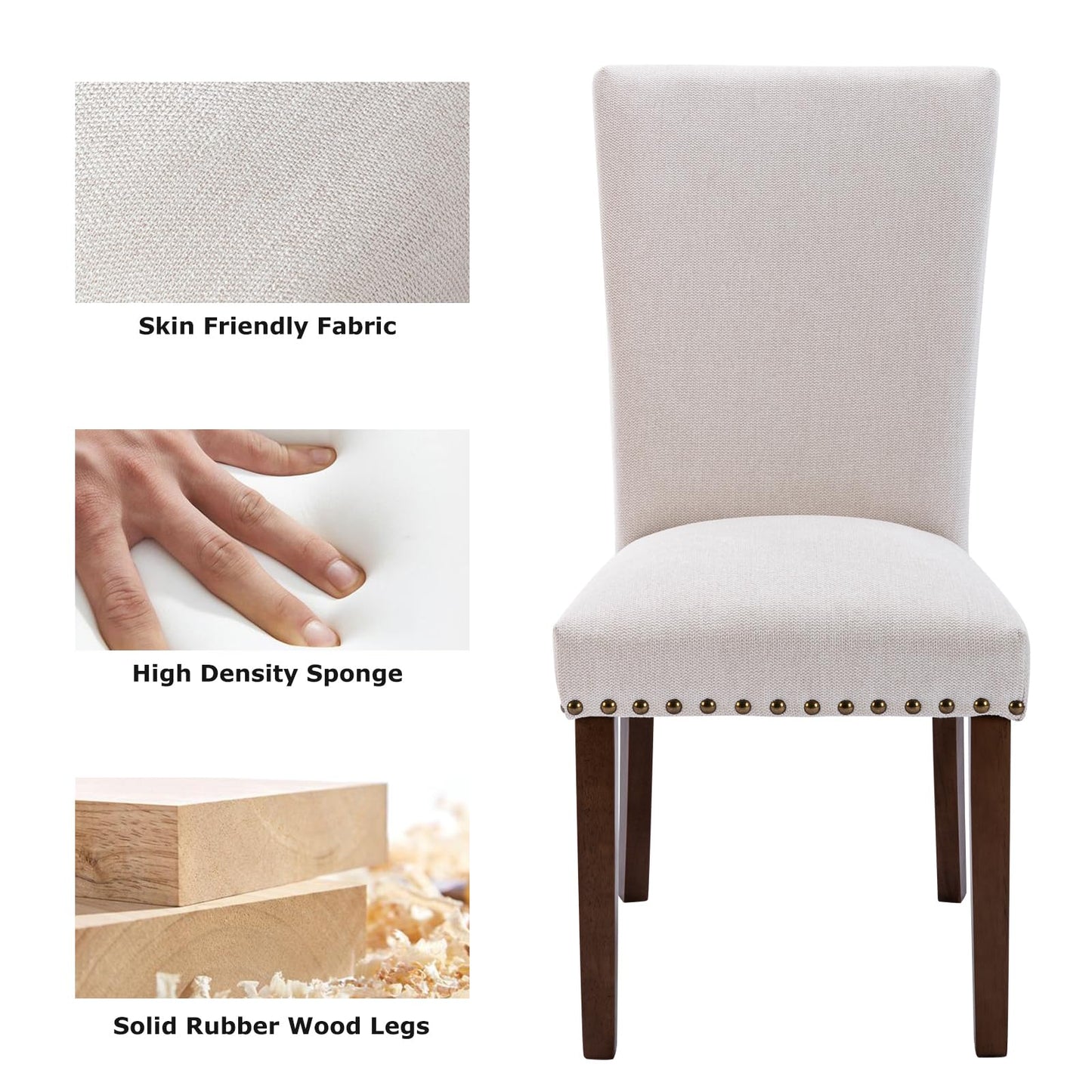 COLAMY Upholstered Fabric Dining Chairs Set of 6, High Back Padded Chairs with Nailed Trim & Solid Wood Legs, Classic Parsons Chairs Side Chair for Home/Kitchen/Living Room-Beige