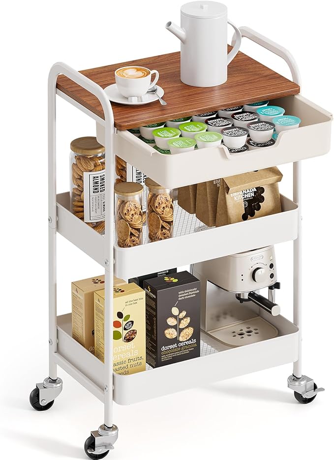TOOLF 3 Tier Metal Utility Rolling Cart - White Storage Cart with Drawer and Wooden Table Top, Trolley Kitchen Organizer Rolling Desk with Locking Wheels for Office, Classroom, Home, Bedroom