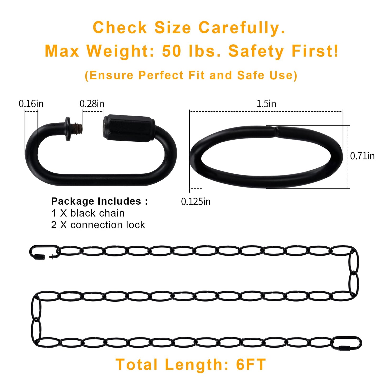 Rkoyes 6 Feet Industrial Black Light Fixture Chain, 72 Inches Long, Metal Chain for Hanging Plants with Detachable Link, Decorative Black Chain for Hanging Chandelier, Lamp, Baskets, Bird Feeders
