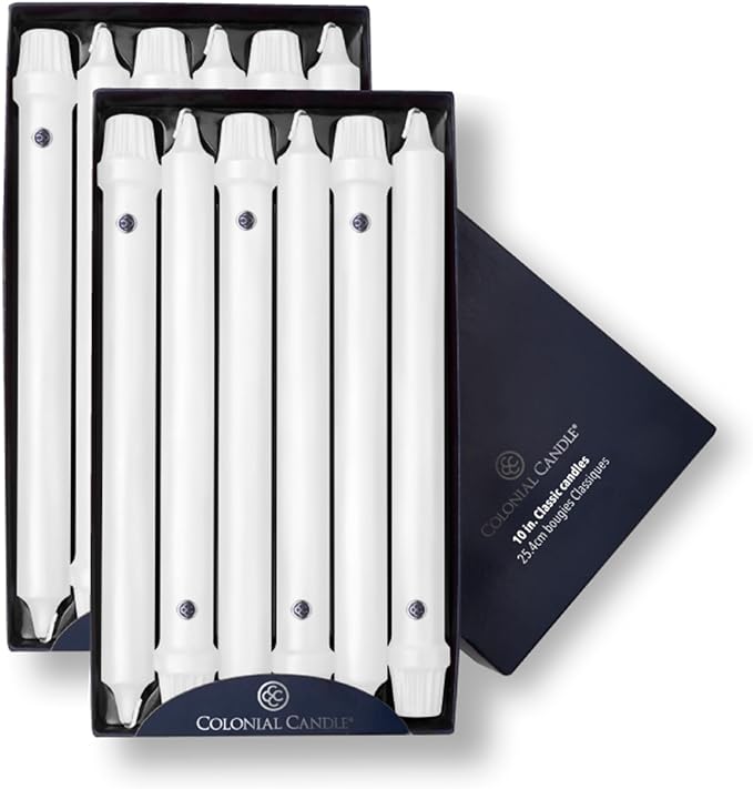 Colonial Candle Unscented Taper Candle, Classic Collection, White, 10 In, Pack of 12 - Up to 8 Hours Burn