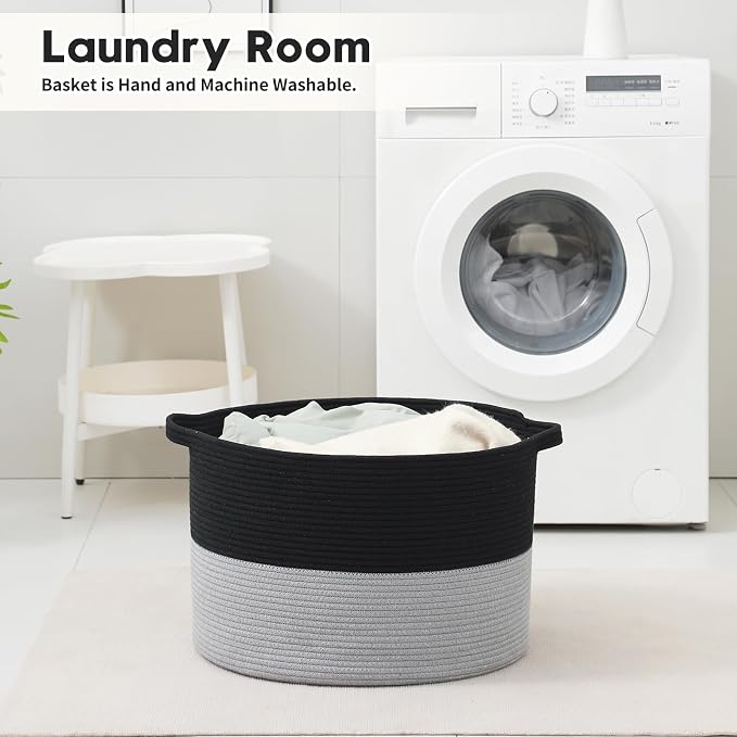 Foldable Laundry Hamper Basket with Collapsible Handle Cotton Rope Soft Woven Fabric Storage Organizer Clothes Toys Nursery Bedroom Dorm Space Saving Bin (Black & Grey, 80L(21.7"D x 13.8"H))