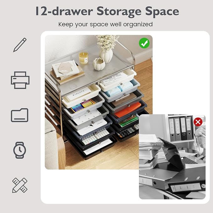 COSTWAY 12-Drawer Rolling Storage Cart, Utility Storage Organizer Cart for Tools, Scrapbook, Paper, Craft, Multipurpose Art Supply Organizer on Wheels for Home Office School, Teacher, Mixed Black