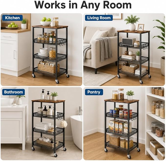 Homleke 4-Tier Rolling Kitchen Storage Cart, Utility Cart with Wooden Tabletop & Metal Baskets, Fruit Vegetable Basket for Kitchen, 3-S Hooks, Rustic Brown and Black