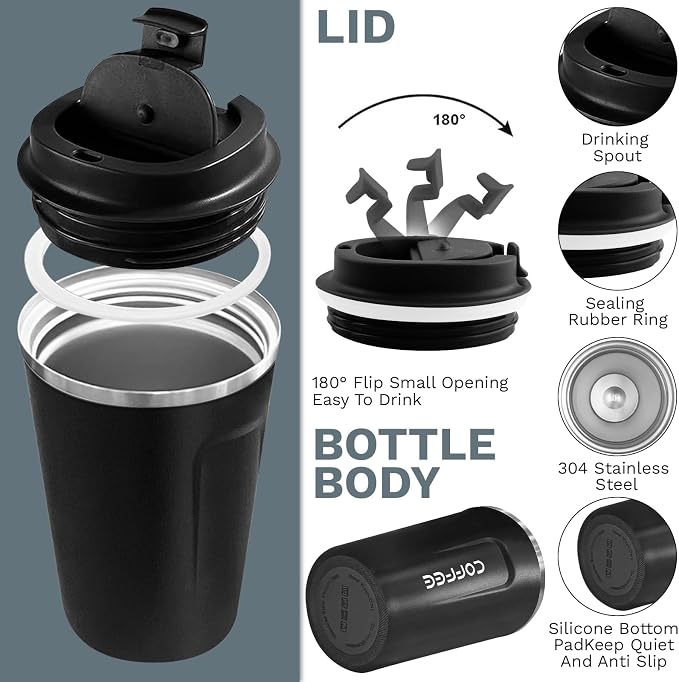 YINBAOGE Insulated Travel Coffee Mug, Spill & Leak Proof, Portable To Go Camping Stainless Steel Coffee Tumbler, Reusable Thermal Coffee Cup with Lid for Hot & Cold Drinks (2nd-Black, 17 OZ)