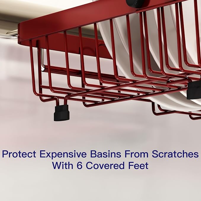 MAJALiS Red Dish Drying Rack Over The Sink, Expandable Stainless Steel Dish Drainer for Small Kitchen Counter Space Saving, RV Compact Plate Strainer in Metal with Hanging Adjustable Utensil Holder