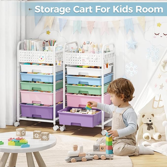 5 Drawer Rolling Storage Cart with Pegboard Top and Hooks, Mobile Organizer Cart with Wheels for Office Supplies, Craft Storage, Classroom Organization, Home Utility Cart, Ice Cream