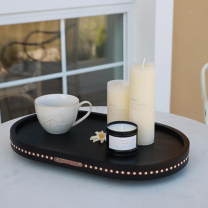 Decor Decorative Round Tray 11.81in for Home Decor for Coffee Table Farmhouse Kitchen Table Living Room Bathroom Centerpiece Tray Decor Oval Black