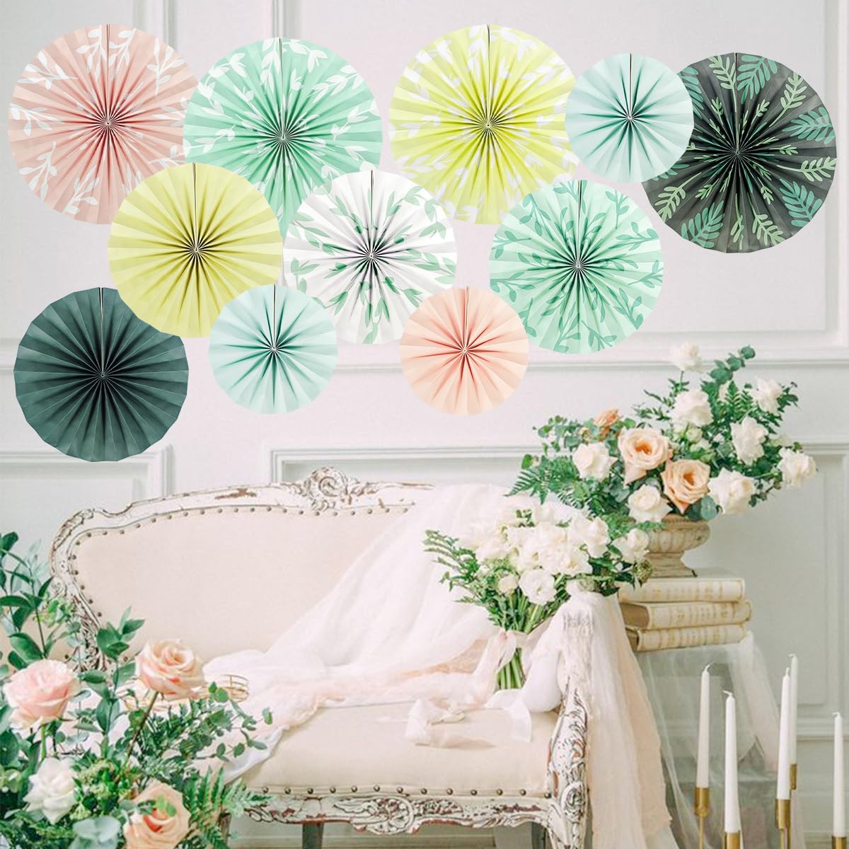 Cadpkler 11 Pcs Sage Paper Fans - Green Bohemian Ceiling Hanging - Perfect for Heme Party, Tea Party, Wedding Party Decoration
