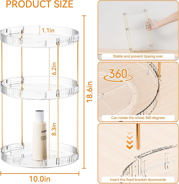 Yieach Acrylic 360 Rotating Makeup Organizer and Perfume Organizer,3 Tier Make Up Holder and Acrylic Skincare Organizers for Countertop,Vanity,Bathroom,Clear Spinning Beauty Organizer for Face Product