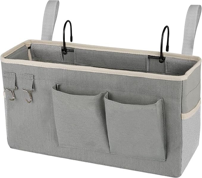 Lilithye Bedside Caddy Bedside Organizer Bedside Storage Caddy with Fixed Straps and Water Bottle Holder for Home College Dorm Bunk Bed Hospital Bed Crib Bed Rails (New Grey)