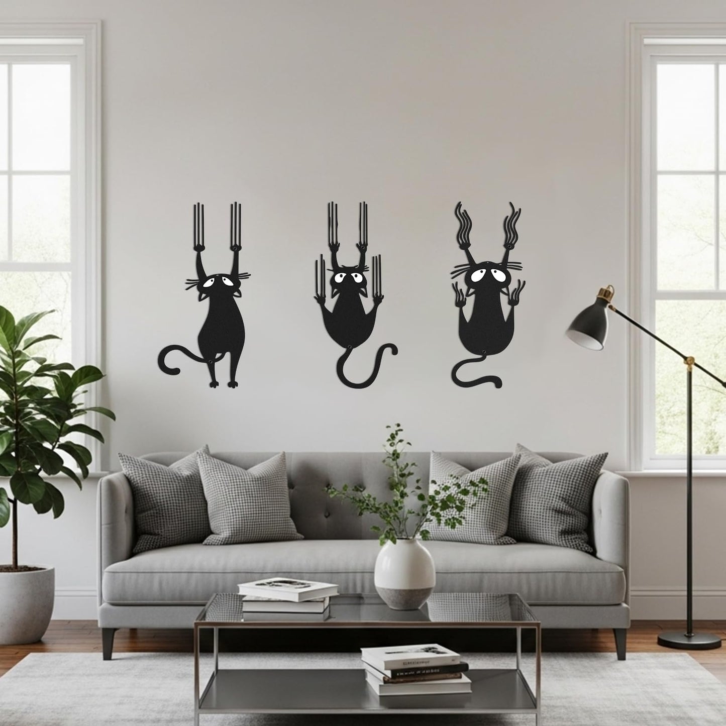 Otoolling Black Cat Wall Art Funny Black Metal Cat Wall Hanging Decor Minimalist Signs for Cats Lover Home Bedroom Living Room Patio Bathroom Office Decor(3 Pcs,Aprox 6" X 14")