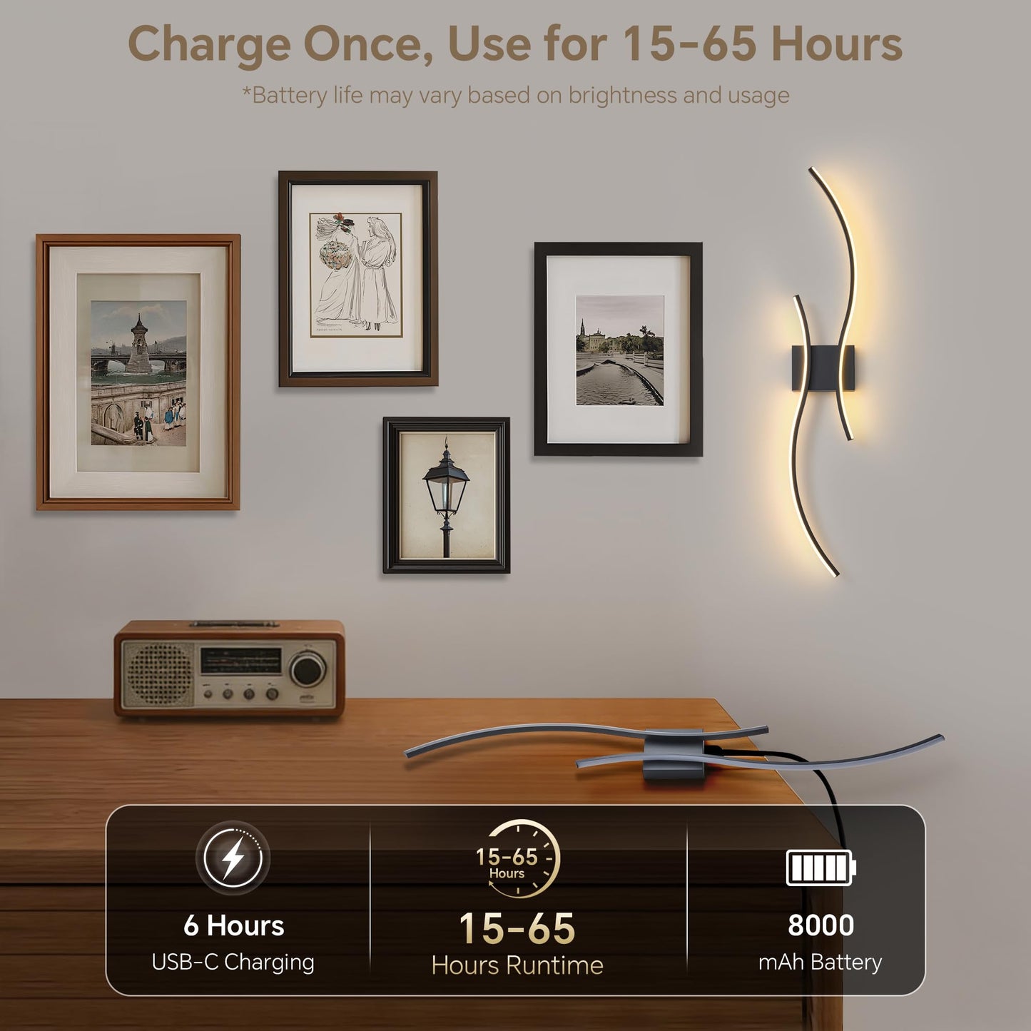 GLOTHOR Battery Operated Wall Sconces Set of 2, Dimmable Modern LED Rechargeable Wall Light with Remote Control, Wall Decor for Living Room, Hallway, Quick Install, No Electrician Required