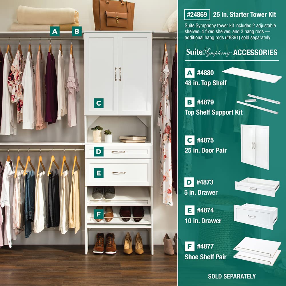 ClosetMaid SuiteSymphony Wood Closet Organizer System, 25-Inch Starter Kit with Tower and 3 Hang Rods and Shelving, Adjustable Shelves, Customizable Insert, Reach-in or Walk-in Closets, Pure White