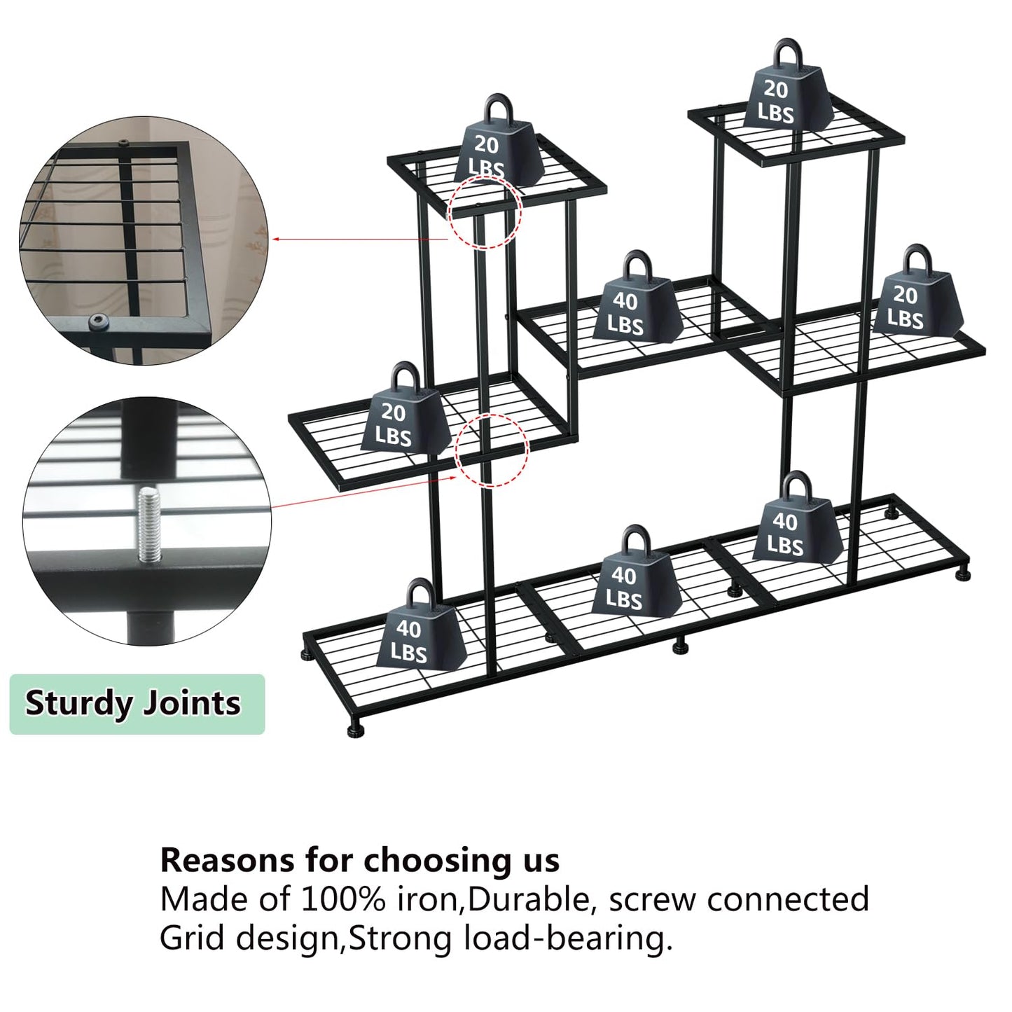 Twhep Metal Plant Stand, 5 Tiers Multifunctional Plant Stands for Indoor Plants, Decorative Black Steel Plant Shelf for Indoor Patio Garden Balcony and Yard (4 tiers 12 pots)