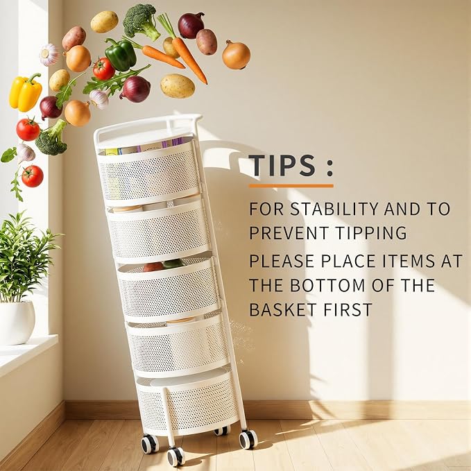 JAQ No Assembly 5-Tier Kitchen Storage Cart with Wheels, Rotating Produce Organizer for Onion, Potato & Vegetable Storage, Large Capacity Pantry Rack, White