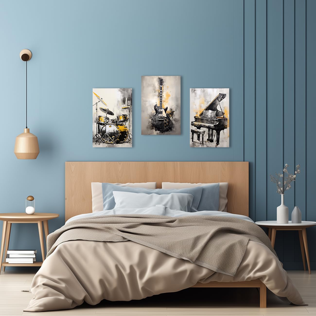 QIXIANG Music Canvas Wall Art for Music Lover Gift - 3 PCS Black and Gold Guitar, Piano, Drum Set Picture Prints - Framed (A, 20.00" x 28.00" x 3Pcs)