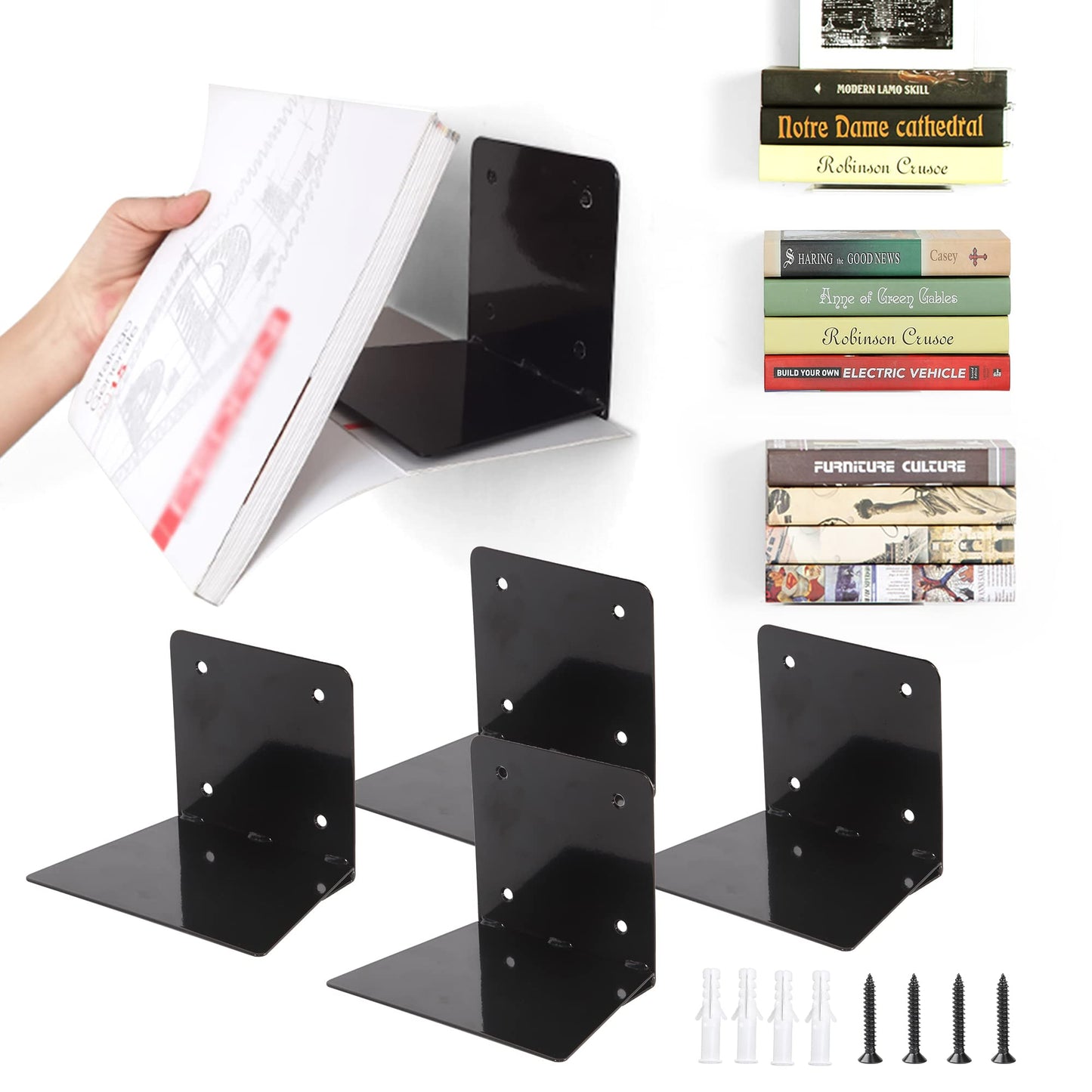 STO STO Floating Bookshelves for Wall, 4-Pack Invisible Wall-Mounted Bookshelves, Multifunctional Walls Shelves for Bedroom, Office and Library, Black