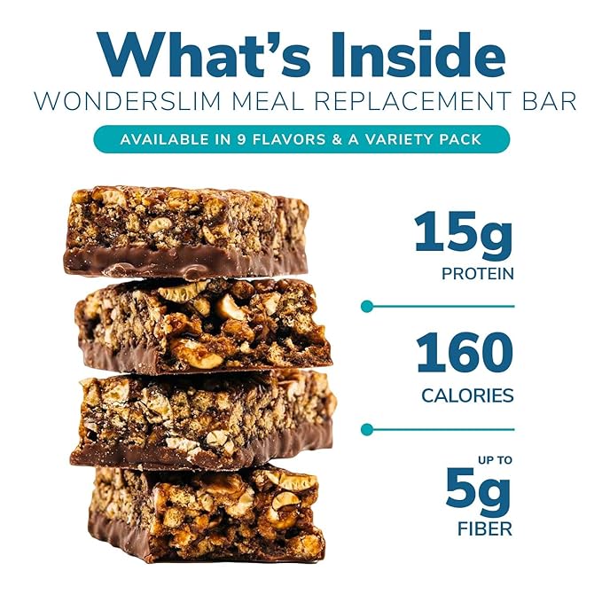 WonderSlim Meal Replacement Protein Bar, Chocolate Almond, 15g Protein, 20 Vitamins & Minerals (7ct)