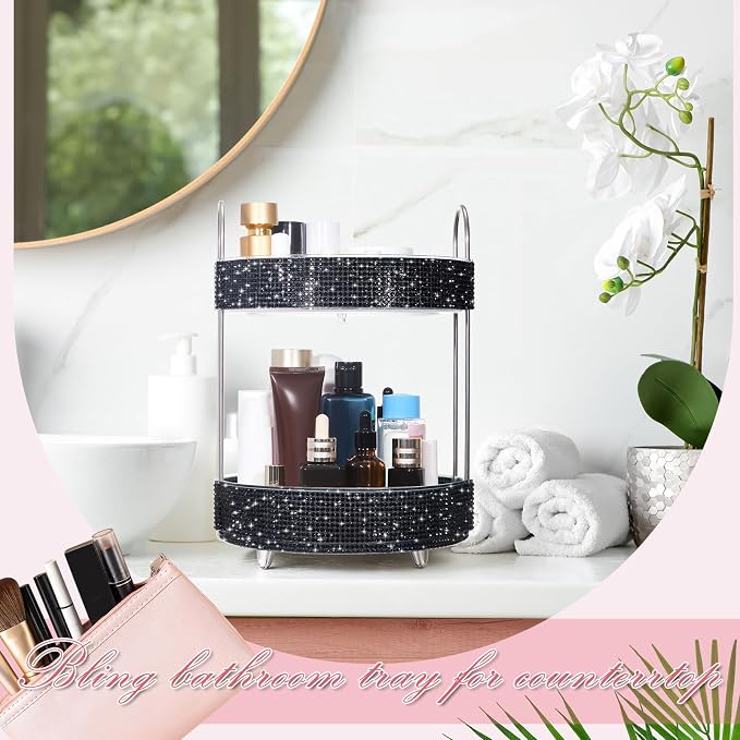 Honeydak 360 Rotating Perfume Organizer Gift for Women, Rhinestone Preppy Skincare Organizer Bathroom Counter Makeup Holder Skincare and Perfume Storage for Cosmetic(2 Tiers,Resin Diamond,Black)