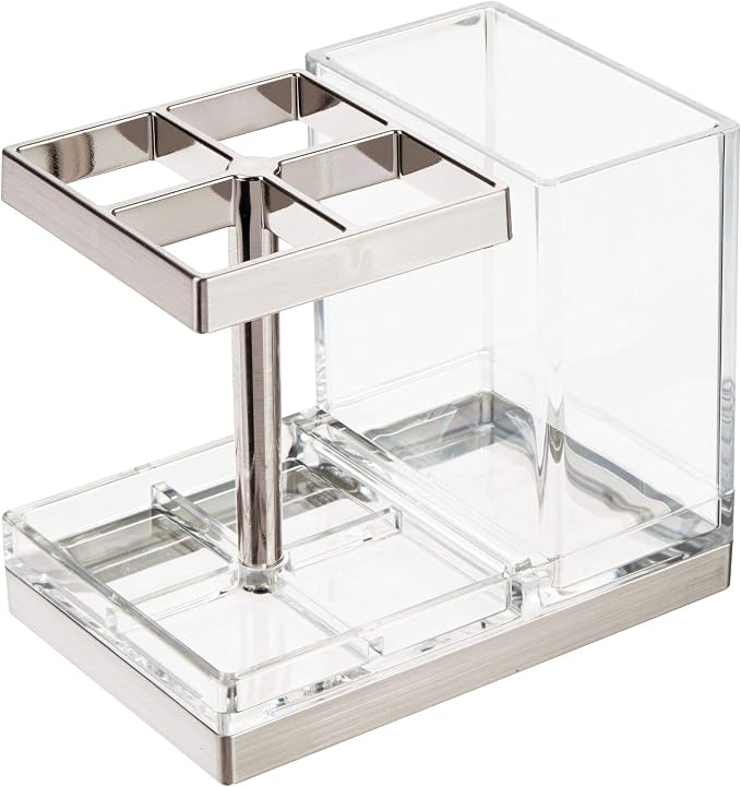 mDesign Plastic Toothbrush and Toothpaste Storage Organizer Holder - Home Decor for Bathroom Countertop - Holds Toiletries and Beauty Accessories - Lumiere Collection - Clear/Brushed