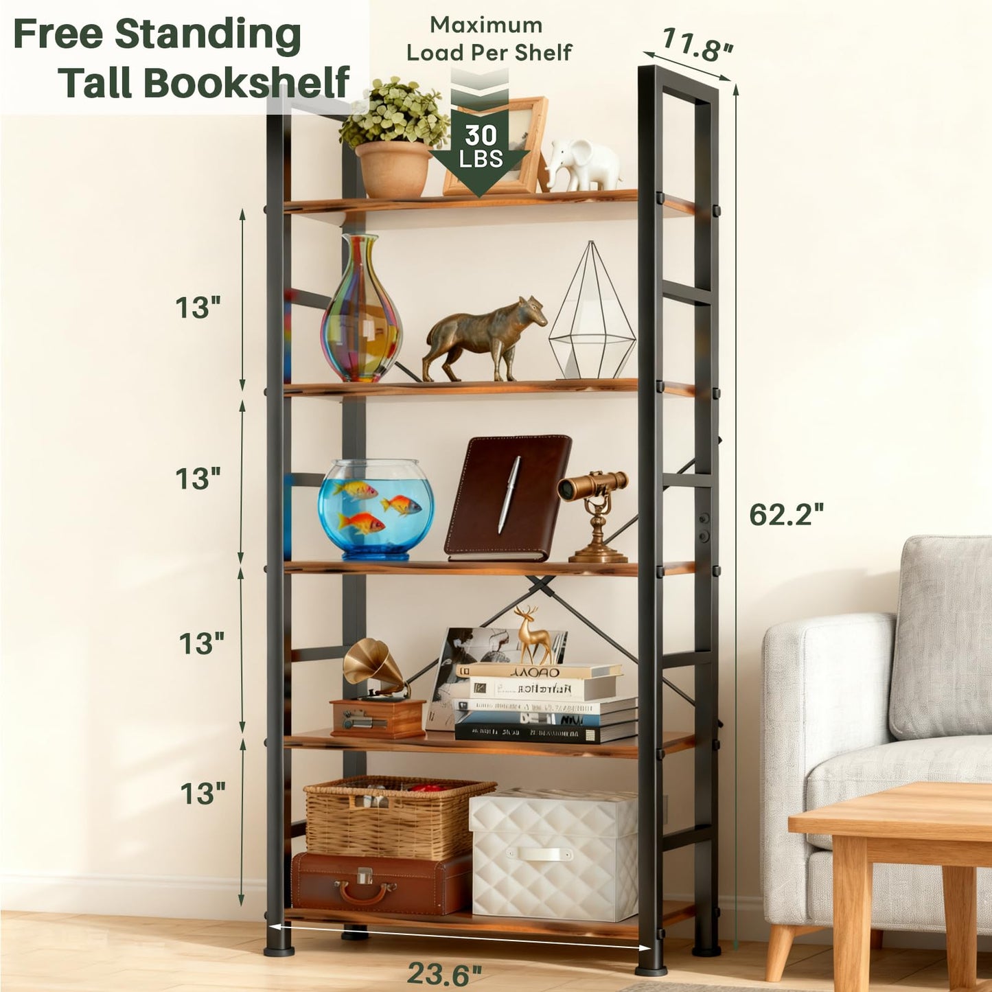 SageNest 5 Tier Bookshelf, Free Standing Wooden Bookcase with Open Storage Shelves with Metal Frame, Sturdy Shelf Organization Display Rack for Living Room, Bedroom, Home Office, 62.2" Tall, Brown