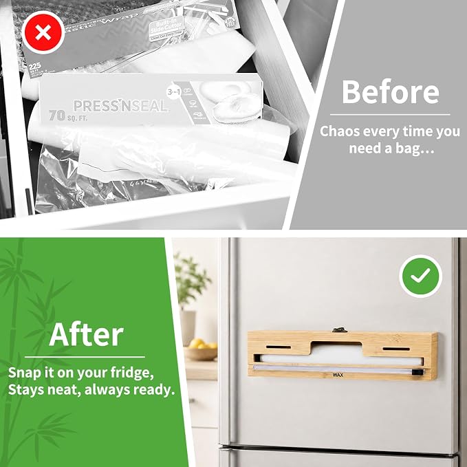MSJGA Magnetic Plastic Wrap Dispenser with Cutter, Refrigerator Bamboo Organizer for Tin Foil, Baking Paper, Wax Paper Holder Kitchen Storage Box Compatible