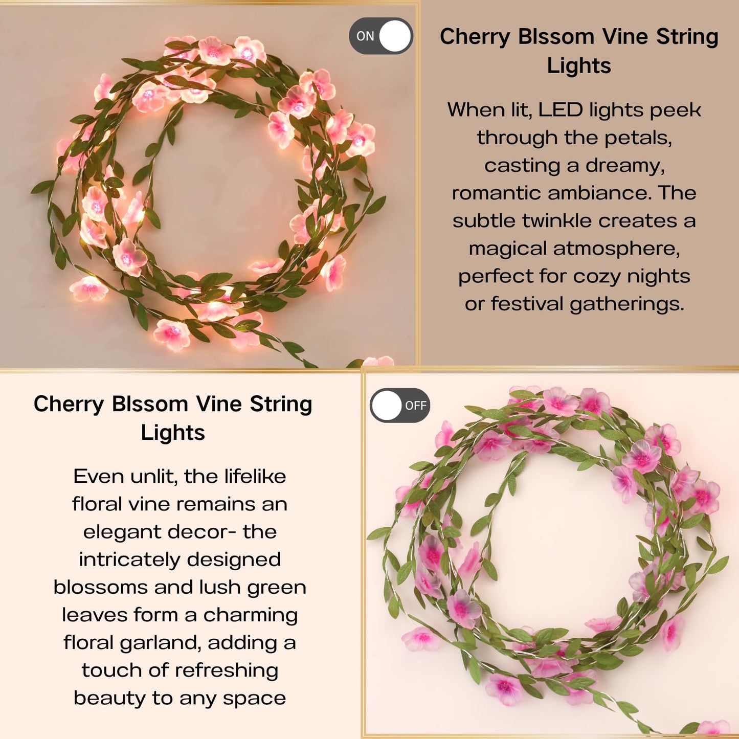 Cherry Blossom Vine Lights 13ft 40 LED Flower String Lights USB Plugin & Battery Operated Fairy Lights with Timer 8 Modes Remote Decorative Light for Mother's Day Graduation Bedroom Wedding Party