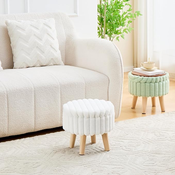 Wimarsbon Storage Ottoman, Modern Round Footrest with Soft Padded Seat, Teddy Velvet Footstool with Wood Legs, Accent Small Table or Plant Stand for Hallway, Living Room (White)