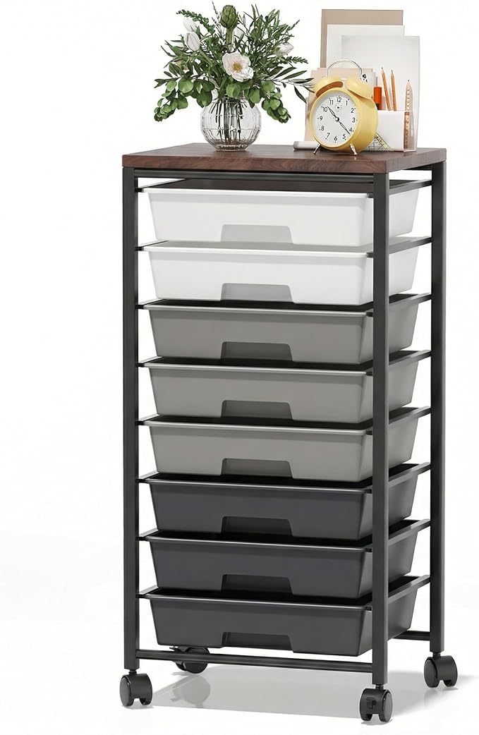 Rolling Cart with 8 Drawers, Storage Drawers Cart with Wooden Tabletop and Lockable Wheels, Craft Storage for Living Room, Office, Classroom, Craft Room, Bedroom (Gray)