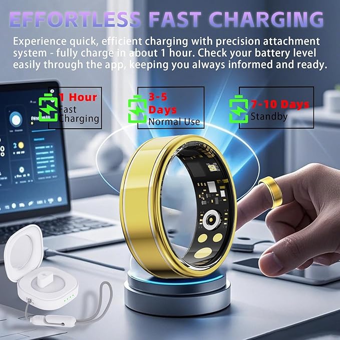 Fitness Tracker Ring for Men Women ??Smart Health Ring with Heart Rate, SpO2, Blood Pressure, Sleep Monitoring, Steps, Calories, 5ATM Waterproof, No Subscription Fee for iOS and Android (Gold 10)