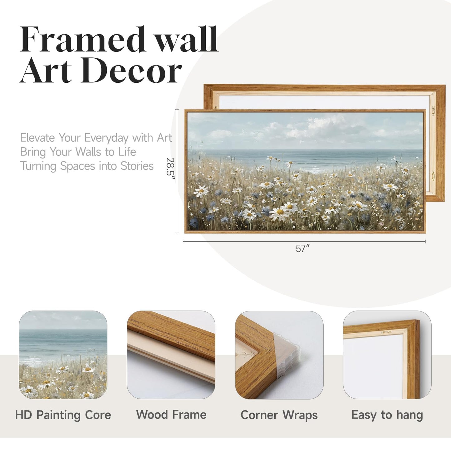 Extra Large Framed Coastal Landscape Wall Art for Living Room, Horizontal Wildflower Seascape Canvas Artwork for Walls, Ocean Scenic Picture Print for Dining Room Bedroom Office Wall Decor, 60x30 Inch