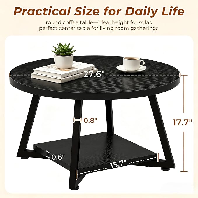 Round Coffee Table for Living Room, 27.6“ Circle Coffee Table, 2-Tier Industrial Coffee Tables with Storage, Wood Coffee Table, Modern Accent Table for Apartment, Office, Small Space, Black